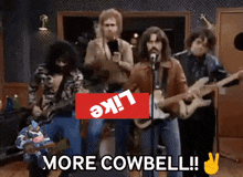 a group of men singing and playing guitars with a sign that says like on it