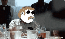 a cartoon of a man with glasses and a mustache is sitting at a table with a sign that says $ dood on it