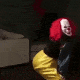 a woman dressed as a clown is dancing in a living room with balloons in the background .