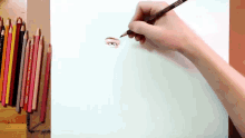a person is drawing a woman 's eye with prismacolor colored pencils in the background