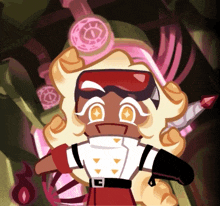 a cartoon character wearing goggles and holding a sword is standing in front of a bottle .