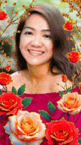 a woman is surrounded by red and orange roses