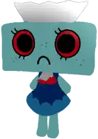 a cartoon character with a sad face and big red eyes