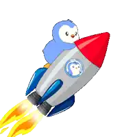 a cartoon penguin is sitting on a rocket with flames coming out of it