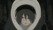 a close up of a cartoon character with a white hood