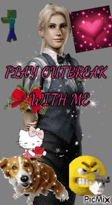 a picture of a woman with the words play outbreak with me written on it