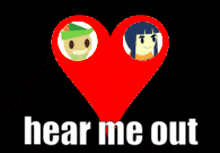 a logo for hear me out with three cartoon characters