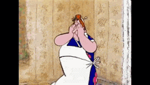 a cartoon of a woman covering her face with her hands in front of a wall .