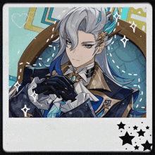 a drawing of a man with long white hair and blue feathers