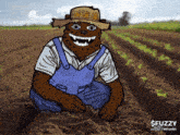 a cartoon of a bear wearing overalls and a straw hat is kneeling in a field