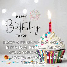 a happy birthday card with a cupcake and a candle
