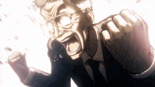 a man wearing glasses and a suit is screaming with his fist in the air