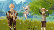 a group of cartoon characters are standing in a field .