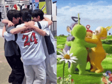 a group of people hugging next to a picture of teletubbies .