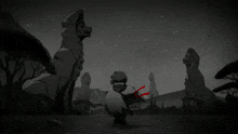 a black and white drawing of a person holding a flashlight in front of statues