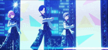 three anime characters are dancing on a stage with a blue background