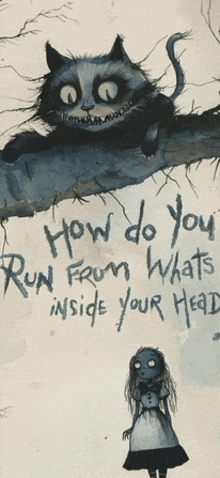 a drawing of a cat with the words " how do you run from whats inside your head " below it