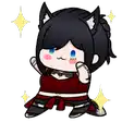 a cartoon girl with black hair and cat ears is standing with her hands up .
