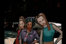 a group of young women are standing next to each other on a city street .