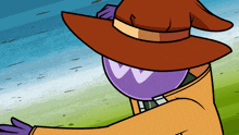 a cartoon character wearing a brown hat and a yellow jacket