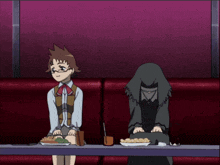 two cartoon characters are sitting at a table with plates of food