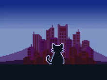 a pixel art of a black cat looking at a city skyline