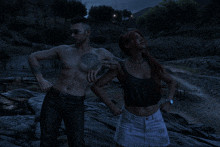 a man with a tattoo on his chest is standing next to a woman with red hair