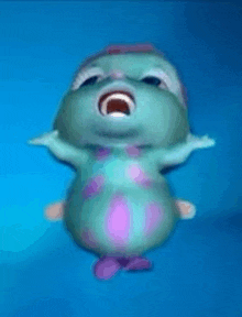 a blue and purple cartoon character with its mouth open and arms outstretched