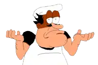 a cartoon character is shrugging his shoulders and has a white hat on his head