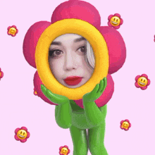 a woman in a flower costume with a yellow ring around her head