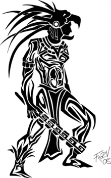 a black and white drawing of a tribal warrior with a spear .
