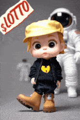 a baby doll wearing a wutang sweatshirt stands in front of an astronaut and a sign that says lotto