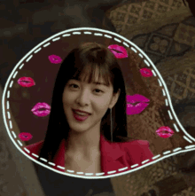 a woman in a red jacket is blowing a kiss in a speech bubble