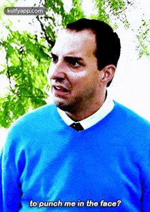 a man in a blue sweater and tie is asking to punch him in the face