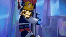 a close up of a lego character with a purple background