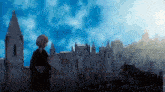 a drawing of a girl standing in front of a castle with a blue sky behind her