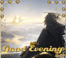 a greeting card that says " good evening " with a man in a hat