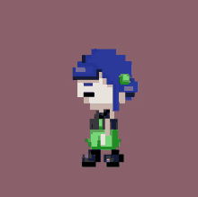a pixel art of a girl with blue hair