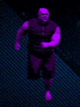 a man in a purple vest and shorts is running with a time of 20