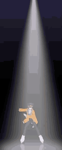 a person is standing in front of a spotlight with a sword in their hand