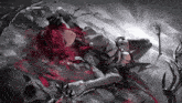 a black and white painting of a girl with red hair laying on a rock