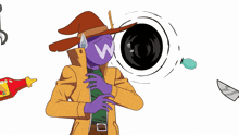 a cartoon of a man with a purple face and a w on his face