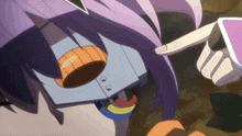 a cartoon character with purple hair is pointing at a pink card