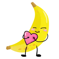 a cartoon illustration of a banana with arms and legs holding a pink heart