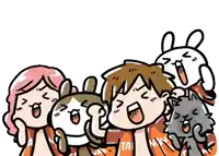 a group of cartoon characters wearing orange shirts with tai on them