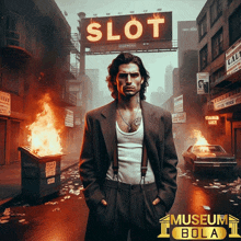 a man in a suit stands in front of a sign that says slot