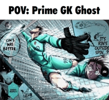 a soccer goalie is flying through the air to catch a soccer ball in a comic book .