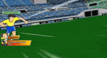 a soccer player in a yellow shirt is kicking a ball on a field .