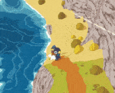 a pixel art of a person standing on a cliff near a body of water
