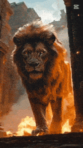 a painting of a lion walking through a city